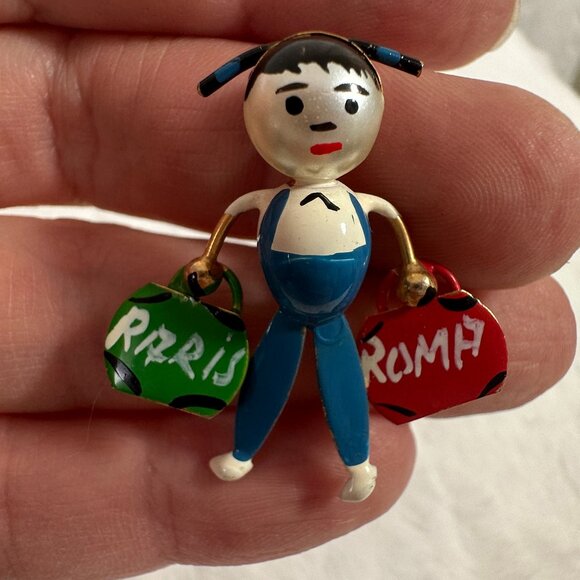 Vintage Robotic Puffed Whimsey Pin Tourist shopper Paris Roma Marked Spain - Picture 2 of 4